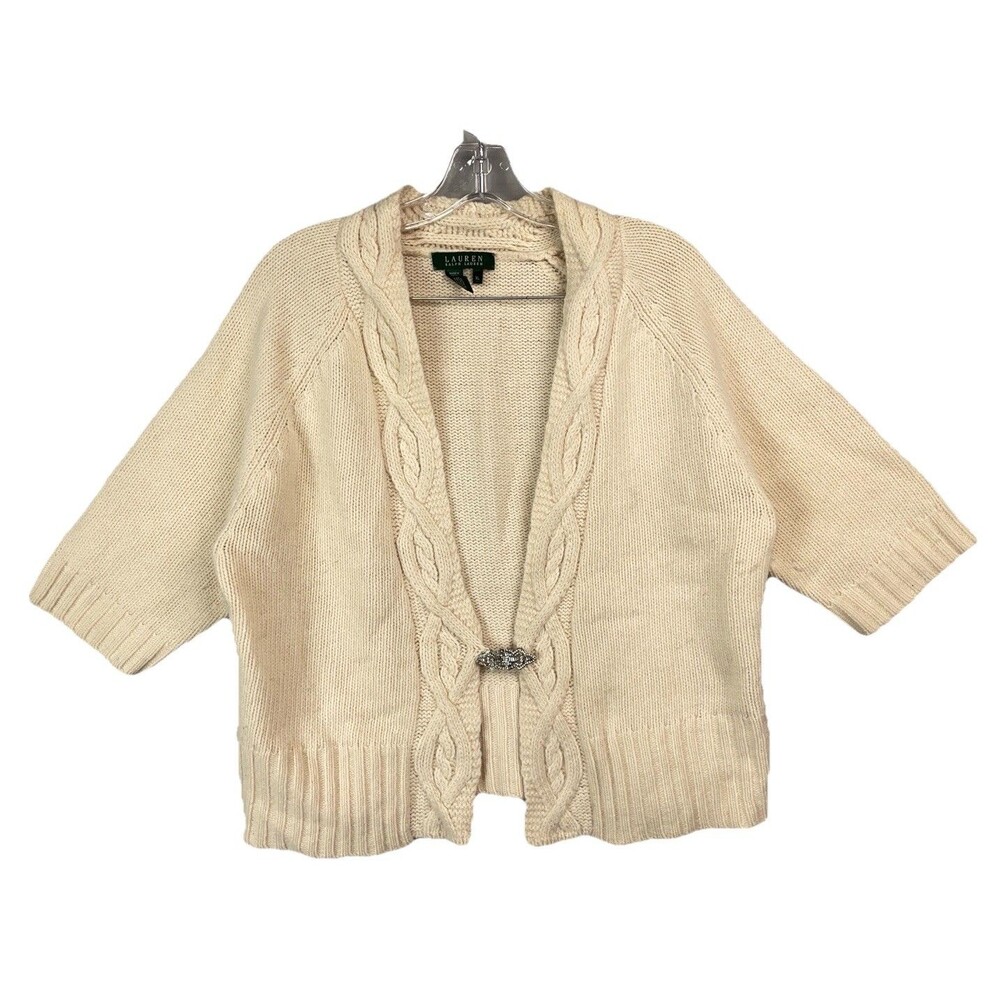 Ralph Lauren Women XL Cardigan Cable Knit Wool Angora Luxe Rhinestone Brooch Y2K